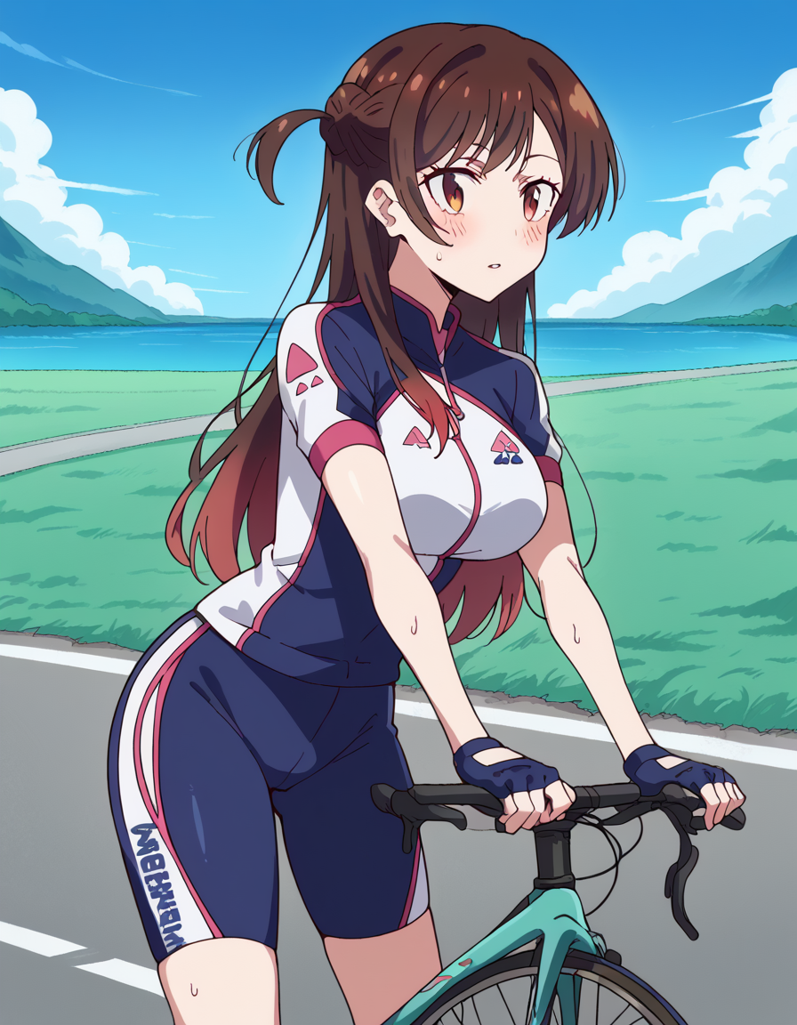 score_9, score_8_up, score_7_up, source_anime, <lora:chizuru-ichinose-s1-ponyxl-lora-nochekaiser:1>, chizuru ichinose, long hair, bangs, brown hair, brown eyes, one side up,, large breasts,, <lora:cycling-uniform-ponyxl-lora-nochekaiser:1> cycling uniform, bicycle, bike jersey, bike shorts, biker clothes, fingerless gloves, gloves, road bicycle, short sleeves,, road, mountains, ocean, blue sky, clouds, bent over, parted lips, sweat, steam, blush, cowboy shot,