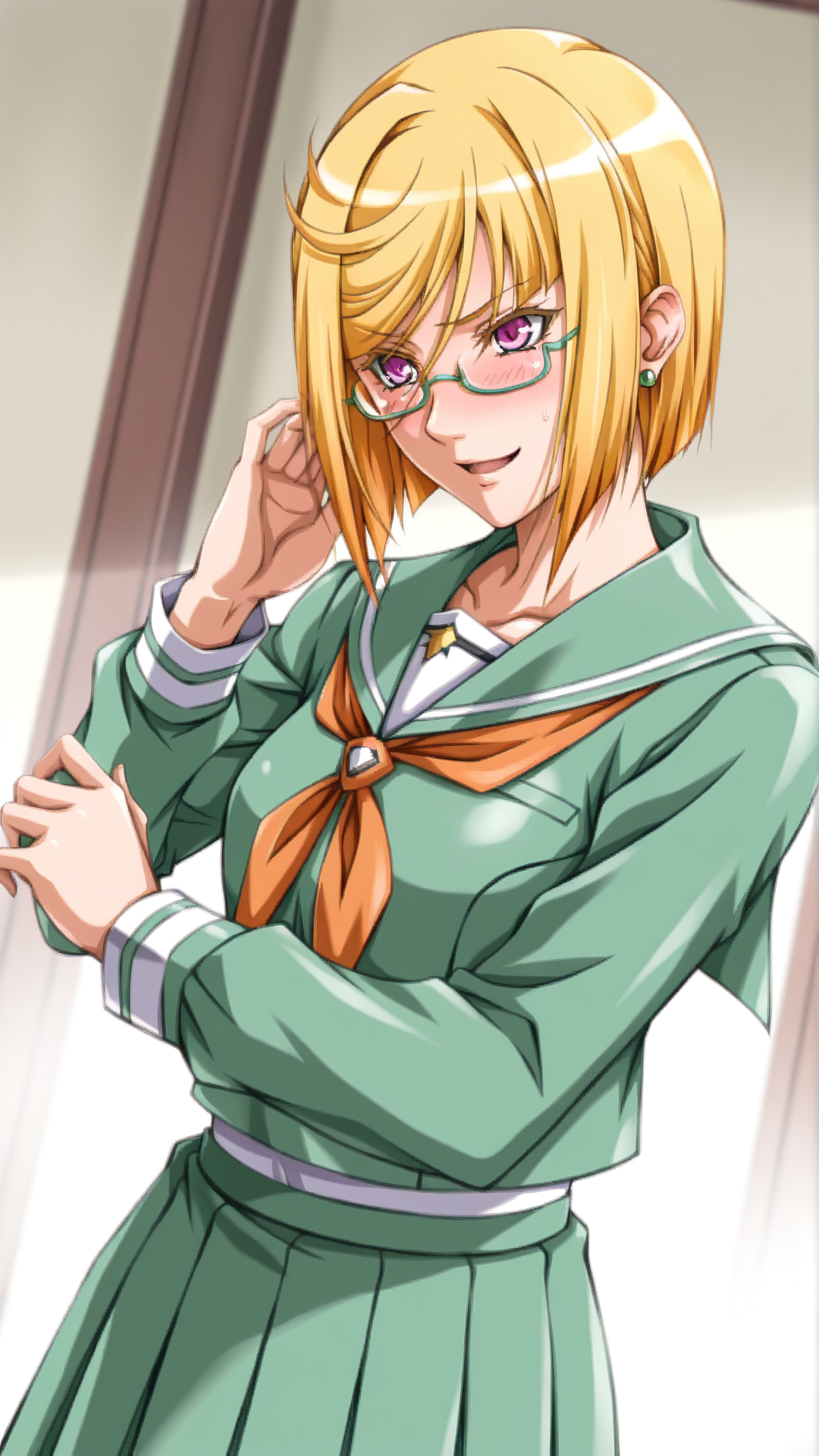 source_anime, general, best quality, masterpiece, 1girl,  <lora:Trya_ill_v1.0:1> trya\(srw\),blonde hair, purple eyes,bob cut,swept bangs, sidelocks,  jewelry, earrings,  green-framed eyewear, semi-rimless eyewear, serafuku, happy, (embarrassed:0.7),  dynamic pose, dutch angle, cowboy shot,