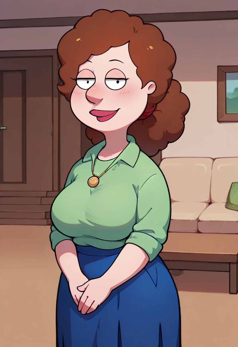 score_9,score_8_up,score_7_up,score_6_up,best quality, 1girl, solo, living room, couch, indoors,
BREAK
unnamed girl, brown hair, black eyes, big nose, (mature female:1.5), (plump:1.2), large breasts, gigantic hips, thick thighs, green sweater, rolled up sleeves, blue skirt, stockings, own hand together, blush, smile, looking at viewer, long skirt, half-closed eyes, necklace,
