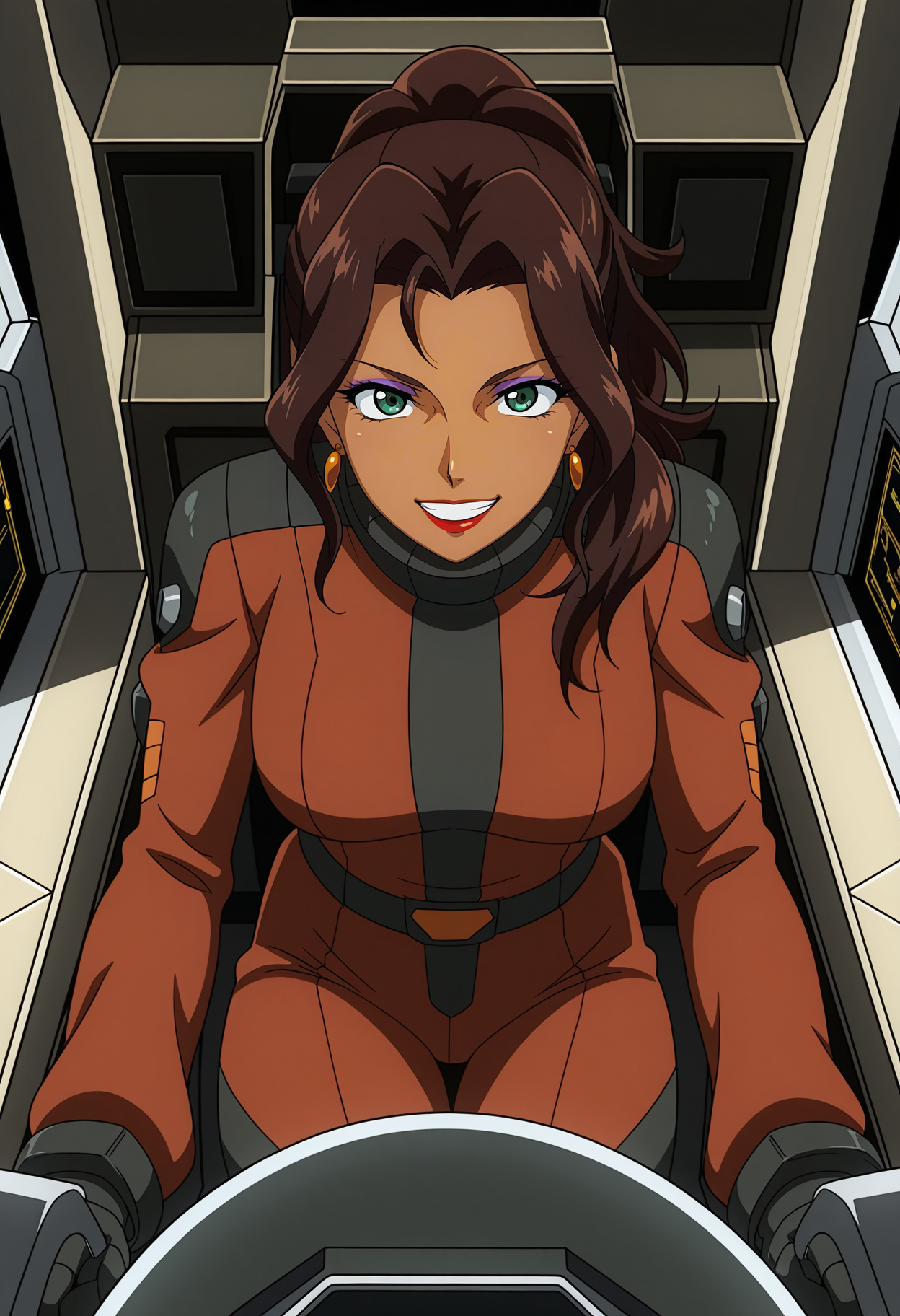 1girl,solo,mm,mature female,dark-skinned female,brown hair,long hair,ponytail,makeup,lipstick,green eyes,earrings,anime coloring,
cockpit,pilot suit,teeth,smile,sitting,
,masterpiece,best quality,amazing quality,<lora:Amida_Arca-Gundam_Iron-Blooded_Orphans:0.8>