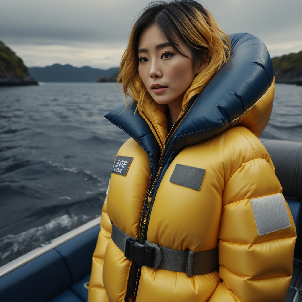 dark cinematic still with dark vibes, full body shot of life jacket  japanese 40 year old women  wearing an blue and gold  extra_puffy_jacket,  unique hair styles,   looking at the camera, shallow depth of field, 8k uhd, dslr, soft lighting, high quality, photorealistic, realism, hyperrealism,
, car scene 
 <lora:Puffer_Jacket_and_Down_Jacket_-_Extra_Puffy_Jackets:0.5>