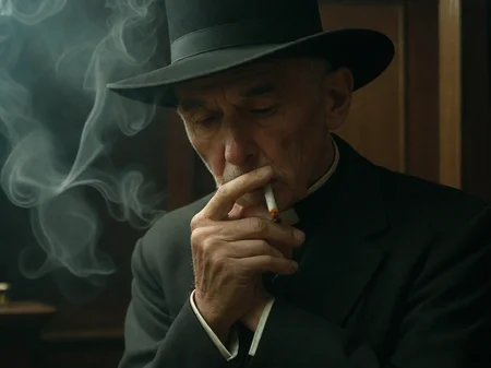 In a dimly lit confessional, an old priest with hat is depicted with a lustful expression as he sensually draws on his cigarette, the tendrils of smoke swirling and enveloping the room.