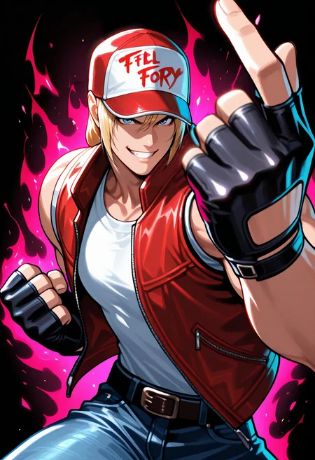 masterpiece, best quality, newest, absurdres, highres, <lora:TerryBogardIllustriousXL:1>,TRRFF, blonde hair, baseball cap, blue eyes, white shirt, red sleeveless vest, belt, jeans, fingerless gloves, fist, upper body, fighting stance, red energy, grin, looking at viewer, dynamic pose,