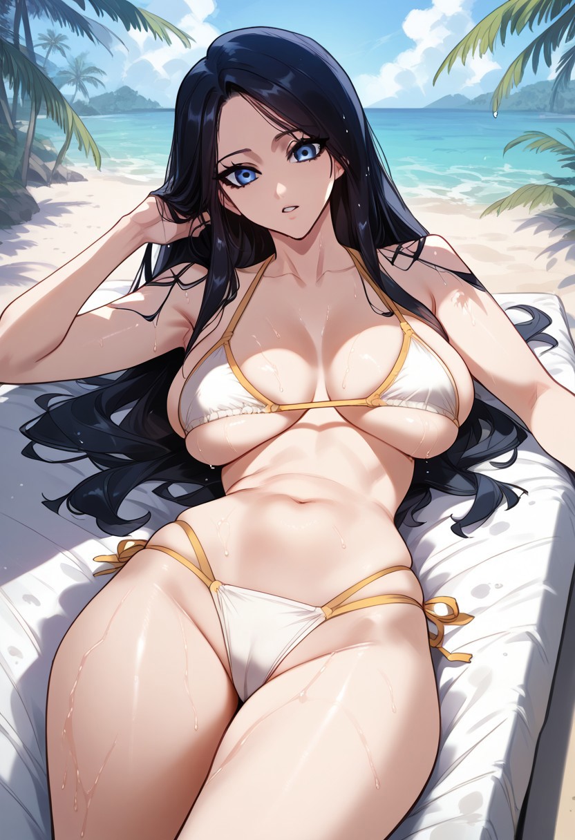 zPDXL3, score_9_up, score_8_up, score_7_up, (Anime_source), 1girl, YongSeolLan, blue eyes, black hair, long hair, wet, cowboy shot, looking at viewer, parted lips, light blush, palm trees, (bikini, lying on chaise lounge),