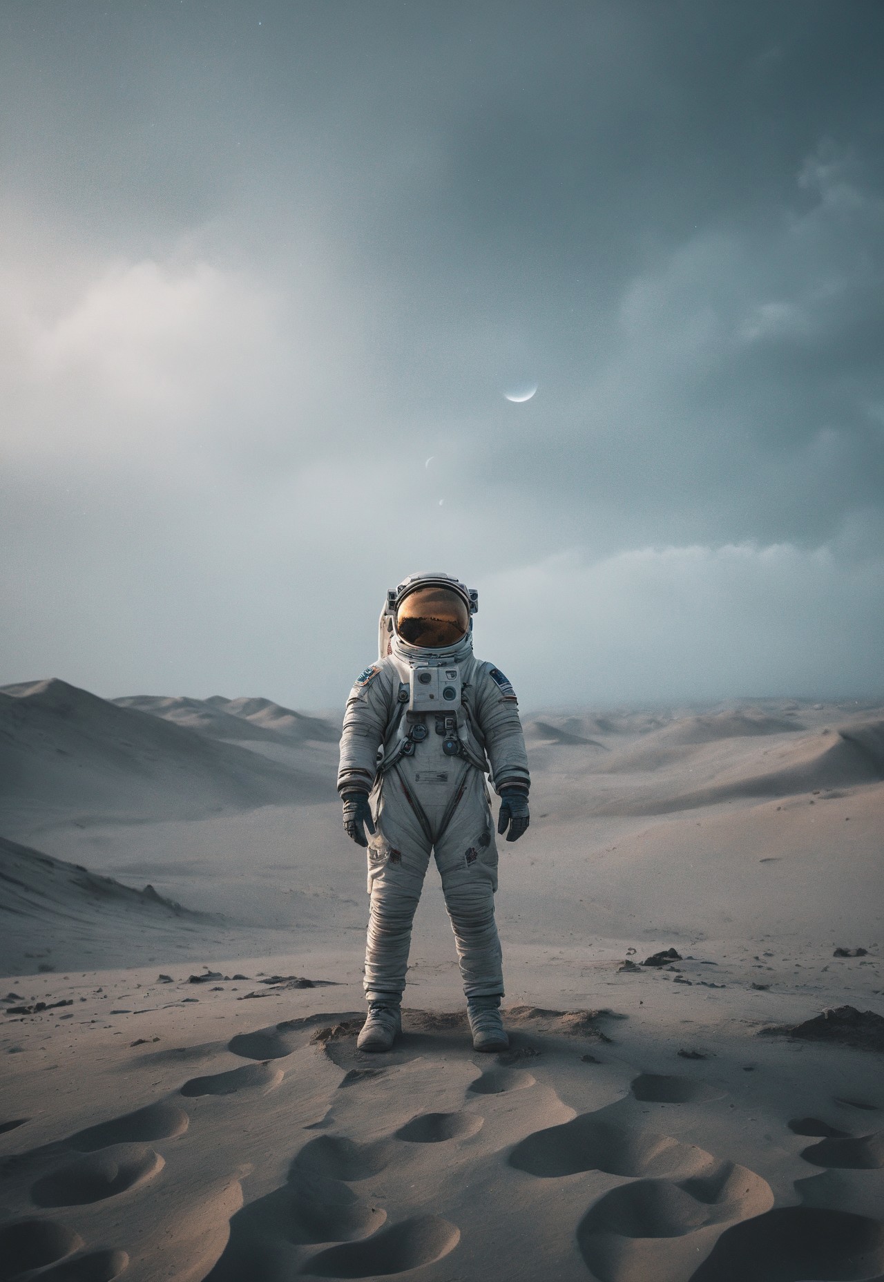 Astronaut alone on a distant planet, overcast sky, muted gray-blue tones, minimalist composition, soft diffused lighting, smooth matte textures, serene atmosphere. Centered blocking with negative space around the figure. Shot on Canon EOS R5, 50mm lens, f/1.8, 1/125 sec, ISO 200, slight compression for dreamy effect.