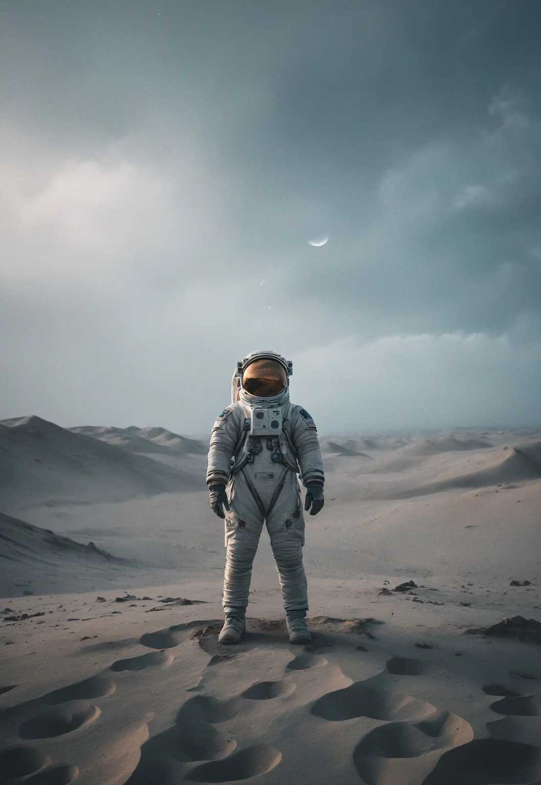 Astronaut alone on a distant planet, overcast sky, muted gray-blue tones, minimalist composition, soft diffused lighting, smooth matte textures, serene atmosphere. Centered blocking with negative space around the figure. Shot on Canon EOS R5, 50mm lens, f/1.8, 1/125 sec, ISO 200, slight compression for dreamy effect.