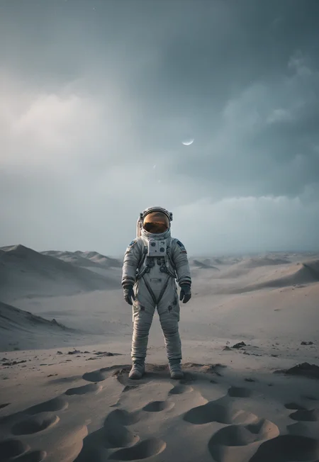 Astronaut alone on a distant planet, overcast sky, muted gray-blue tones, minimalist composition, soft diffused lighting, smooth matte textures, serene atmosphere. Centered blocking with negative space around the figure. Shot on Canon EOS R5, 50mm lens, f/1.8, 1/125 sec, ISO 200, slight compression for dreamy effect.