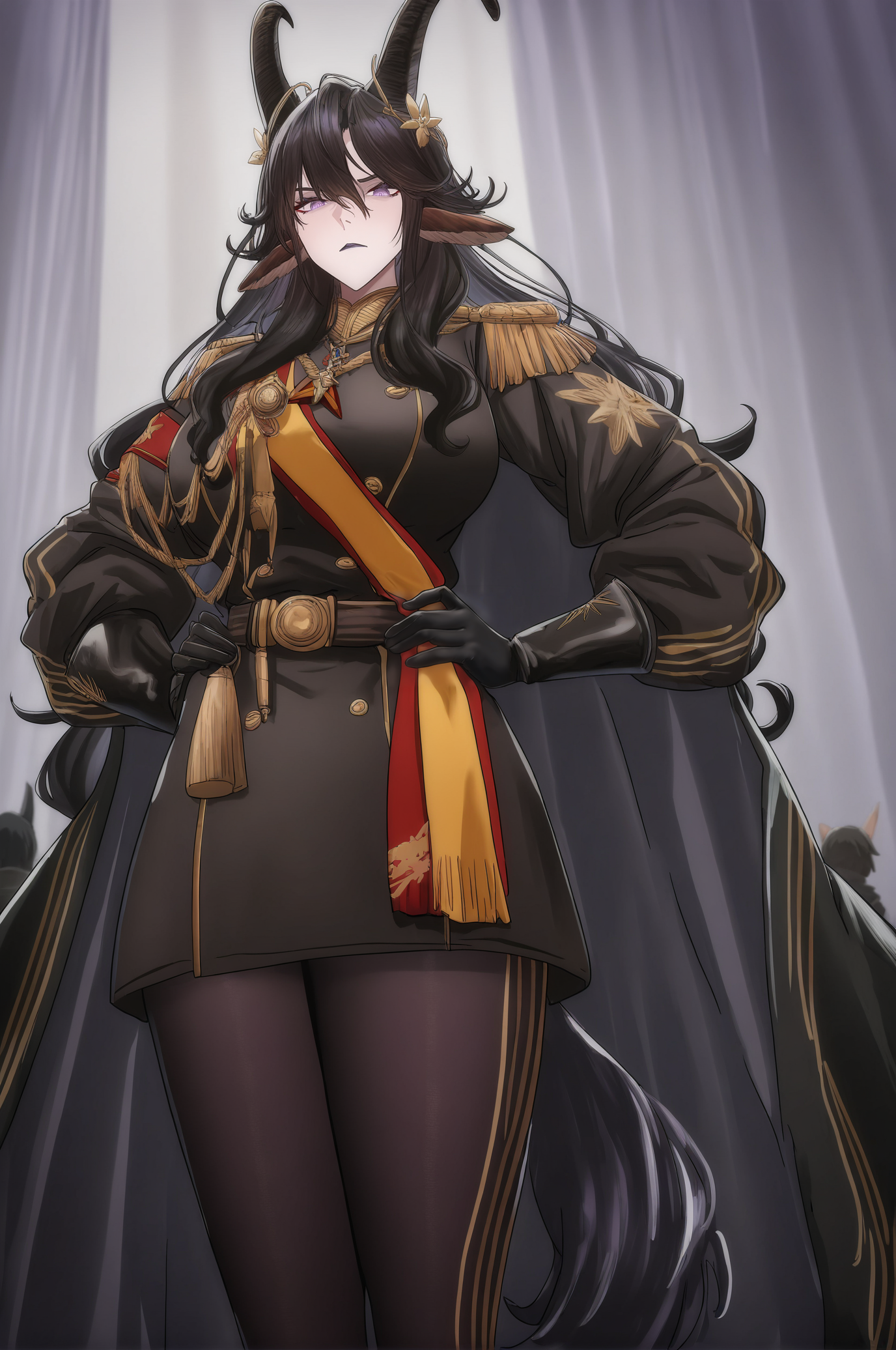 masterpiece,best quality,amazing quality,highres,absurdres,very aesthetic,high resolution,ultra detailed,perfect details,anime screencap,anime coloring,
<lora:twin_queen_arknights:1>,hildegard (arknights), 1girl,  animal ears, purple eyes, long hair, tail, breasts, gloves, cape, black hair, belt, black gloves, large breasts,