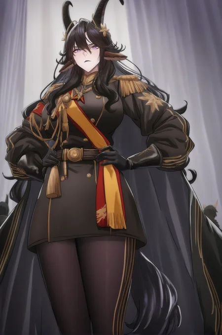 masterpiece,best quality,amazing quality,highres,absurdres,very aesthetic,high resolution,ultra detailed,perfect details,anime screencap,anime coloring,
<lora:twin_queen_arknights:1>,hildegard (arknights), 1girl,  animal ears, purple eyes, long hair, tail, breasts, gloves, cape, black hair, belt, black gloves, large breasts,