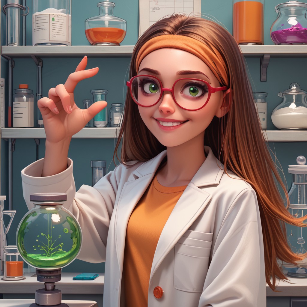 score_9, score_8_up, score_7_up, score_6_up, score_5_up, score_4_up, 1girl, Hon_Lem, Glasses, smiling, lab coat, in a lab, portrait, green eyes