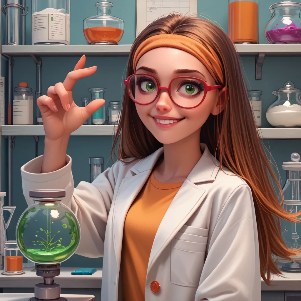 score_9, score_8_up, score_7_up, score_6_up, score_5_up, score_4_up, 1girl, Hon_Lem, Glasses, smiling, lab coat, in a lab, portrait, green eyes