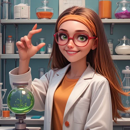 score_9, score_8_up, score_7_up, score_6_up, score_5_up, score_4_up, 1girl, Hon_Lem, Glasses, smiling, lab coat, in a lab, portrait, green eyes
