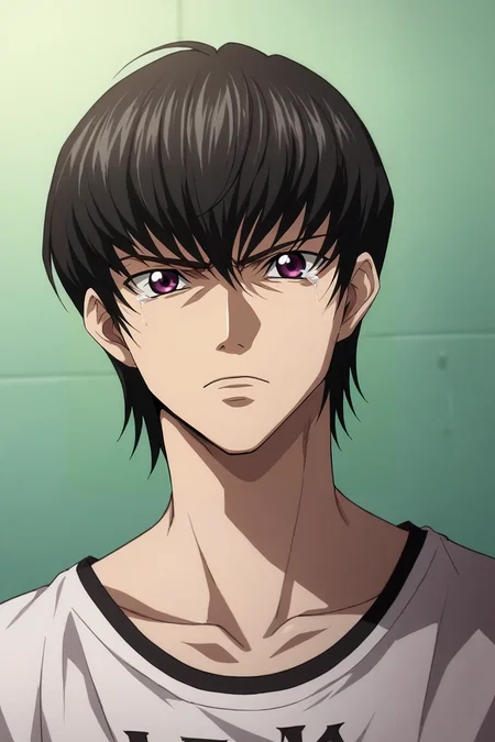 zPDXL, score_9, score_8_up, score_7_up, rating_safe, , looking at viewer, depth of field, 1boy, lelouch vi britannia, code geass, black hair, purple eyes, solo, upper body, gym, day, w arms, tearing up, <lora:death_note_style_pony:0.88>, death_note_style, , <lora:sdxl_lightning_8step_lora:1>