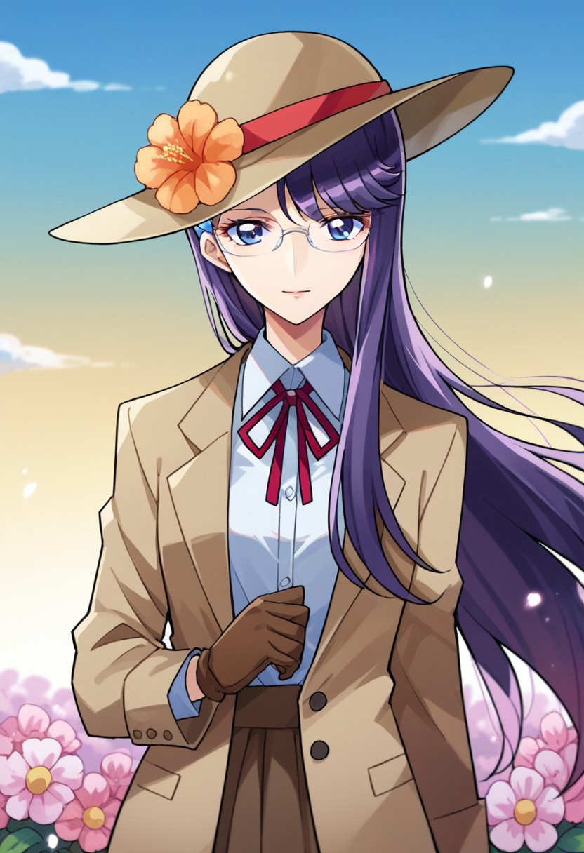 score_9, score_8, score_7, source_anime, tsukikage yuri, glasses, hairclip, red ribbon, dress shirt, hat, wing collar, brown jacket, open clothes, sky, flower, gloves
