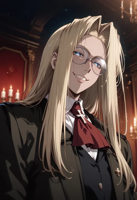score_9, score_8_up, score_7_up, score_6_up, source_anime, absurdres, highres, sharp detailed, 4k, 8k, 16k, official art, sharp focus, character focus,
from below, upper body, integra hellsing, 1girl, solo, looking at viewer, half-closed eyes, arrogant grin, long hair, blonde hair, blue eyes, blonde hair, flat chest, glasses, red ascot, cross, formal, suit, pants, noble room, portrait,
luxury vampire castle, indoors, night, dark theme, rising particles, glowing particles, depth of field, science fiction
<lora:Integra_Hellsing_-_Hellsing:1.0> <lora:AuraGlow_Style_v2:1.0>