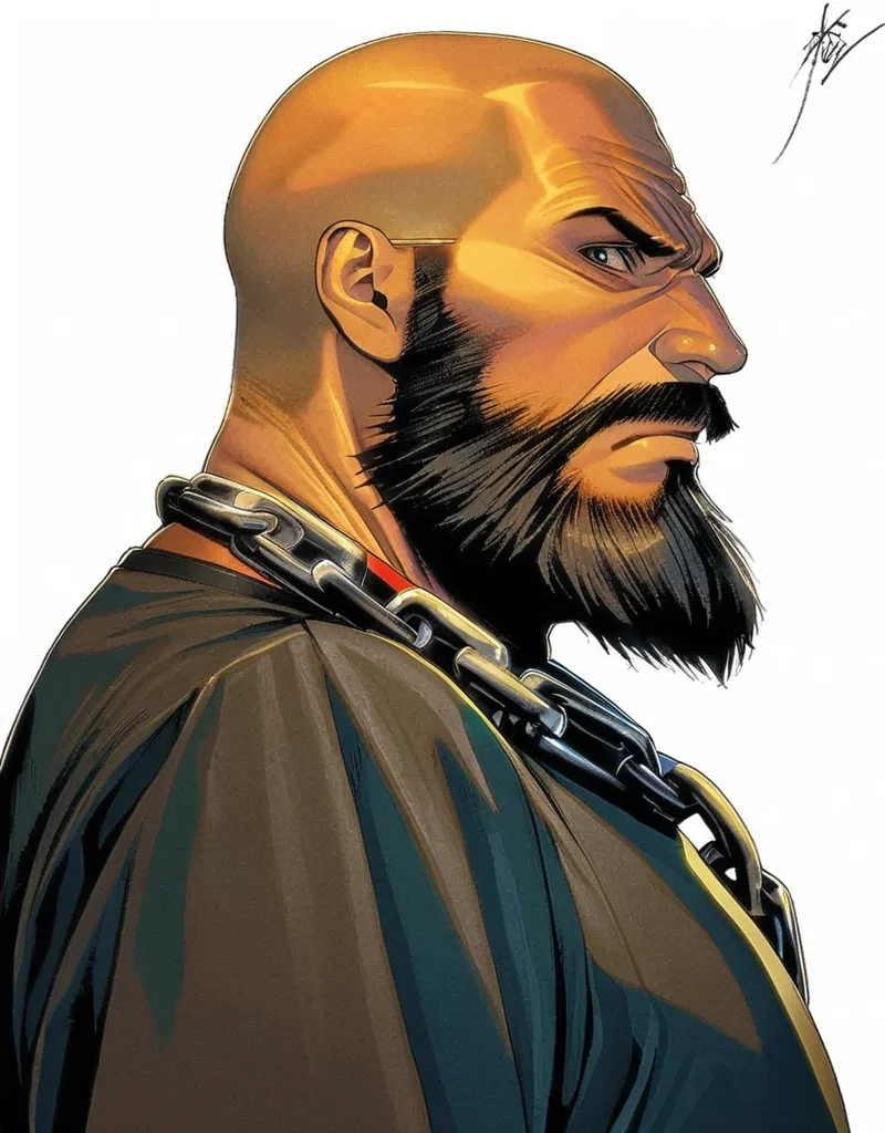 masterpiece, best quality, <lora:style61-a31-000015:1>,1boy, solo, male focus, facial hair, beard, bald, chain, signature, black hair, mustache, upper body, profile, manly, simple background, white background, closed mouth, looking at viewer