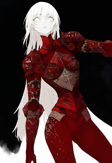solo, looking at viewer, white eyes, plain black background, 1woman, solo, white hair, pale white skin, red armor, masterpiece, best quality, very aesthetic, absurdres
 <lora:monfornoob:0.95>
