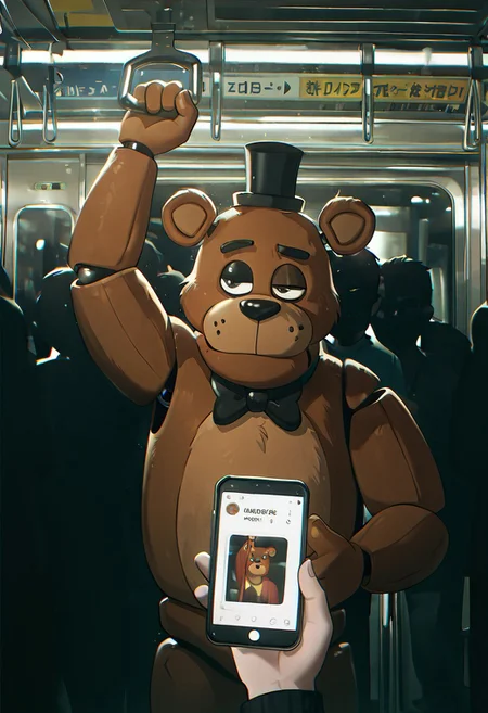 masterpiece, best quality, amazing quality, very aesthetic, absurdres, newest, detailed background,
cartoon, screencap,
freddyit, 1boy, black mini top hat, black bowtie, bear ears, joints, animatronic,
closed mouth, frown, metro, inside train, holding handle, crowded, dull theme, high contrast, half closed eye, looking at phone, one arm raised, staring at phone, black window,
