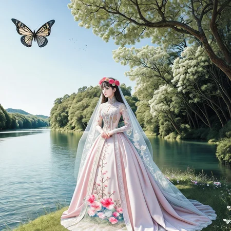 original, (masterpiece), (illustration), (extremely fine and beautiful), (perfect details), (beautiful and clear background:1.25), (depth of field:0.7), (stands aside the river:1.15). (cute:1.3), (detailed beautiful eyes:1.3), (beautiful face:1.3), silver hair, silver ear, (pink hair:0.7), (pink ear:0.7), long hair, (hair blowing with the wind:1.1), (blue eye:1.1), (female internet celebrity:1.2), butterflys flying around, (moon light:0.6), tree, (summer), (night:1.2), (close-up:0.35), (gloves:0.8), solo,full body,hjy<lora:hjy-10:0.7>
