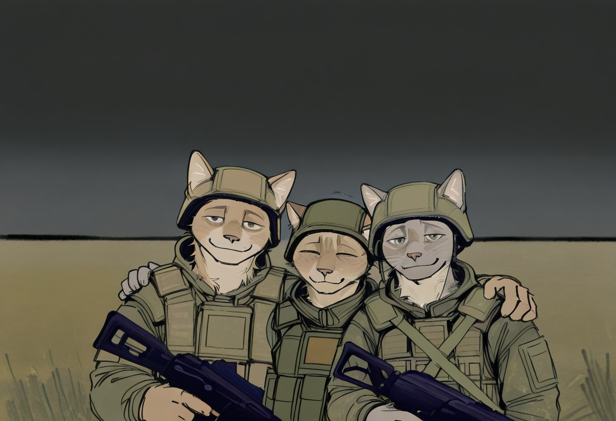 pt1chn1k, 2boys, male focus, furry, cat, outdoors, field, upper body, hand on another shoulder, smile, sleepy, sad, buletproof vest, helmet, assault rifle, weapon, holding, military, looking at viewer, khaki camouflage, grey sky, ak-47,