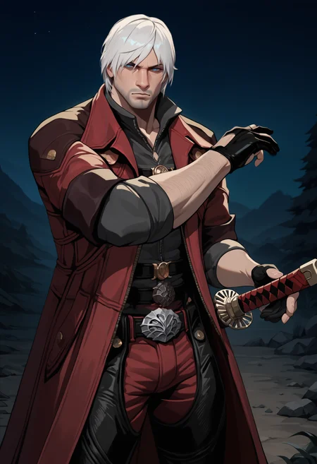 masterpiece, best quality, newest, hdr, dark, night, closed mouth, outdoors, 1boy, solo, da4e3, white hair, blue eyes, facial hair, beard stubble, black collared shirt, open collar, chest belt, red coat, trench coat, sleeves rolled up, black gloves, partially fingerless gloves, buckle, black chaps, red pants, cowboy boots, serious, cowboy shot, fighting stance, ready to draw, sheathed, holding yamato \(sword\),
<lora:Dante DMC 4:1>