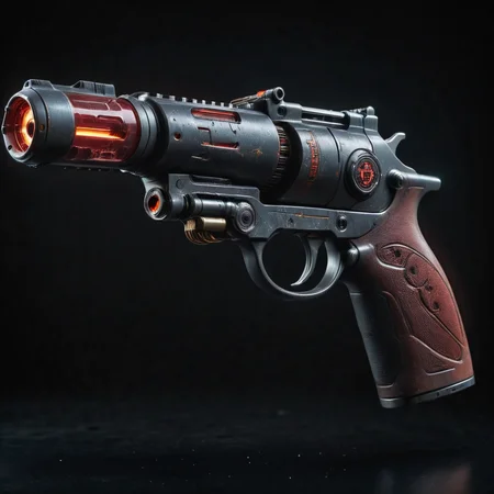 photo focus on military weapon biohazard-blaster energy-vintage-revolver, science fiction, glowing cyberpunk, translucent grip, <lora:IteMaker-v1e3:1>, black background, red theme  , grit, (rust:0.65), cracks, cracked surface, subtle messy, dust, weary, edges rusty dusty, surface scratches, peeled sun bleeched paint, smudges, crumbles, rugged, used, film, professional, 4k, highly detailed