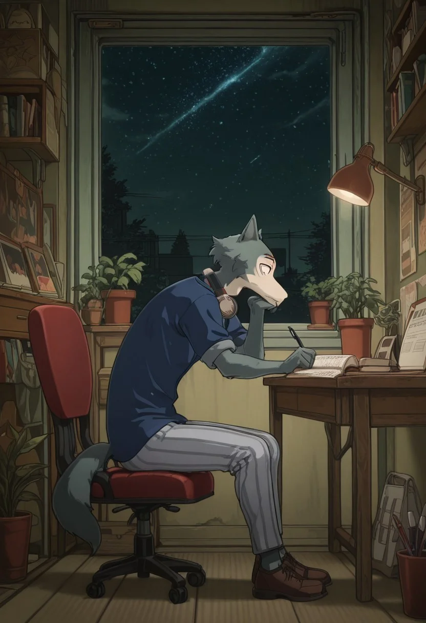 masterpiece, best quality, BREAK, 
Legoshi, anthro, wolf, beastars, scar on right brow, mature male, animal ears, grayish blue fur, brown eyes, athletic build, 
blue shirt, grey striped pants, brown shoes, 
sitting, side view, desk, chair, book, bookshelf, head rest, headphones around neck, holding, holding pen, lamp, night, open book, pen, plant, potted plant, sky, star (sky), starry sky, window, windowsill, writing, <lora:LofiGirl_Style_IXL:1.0>,