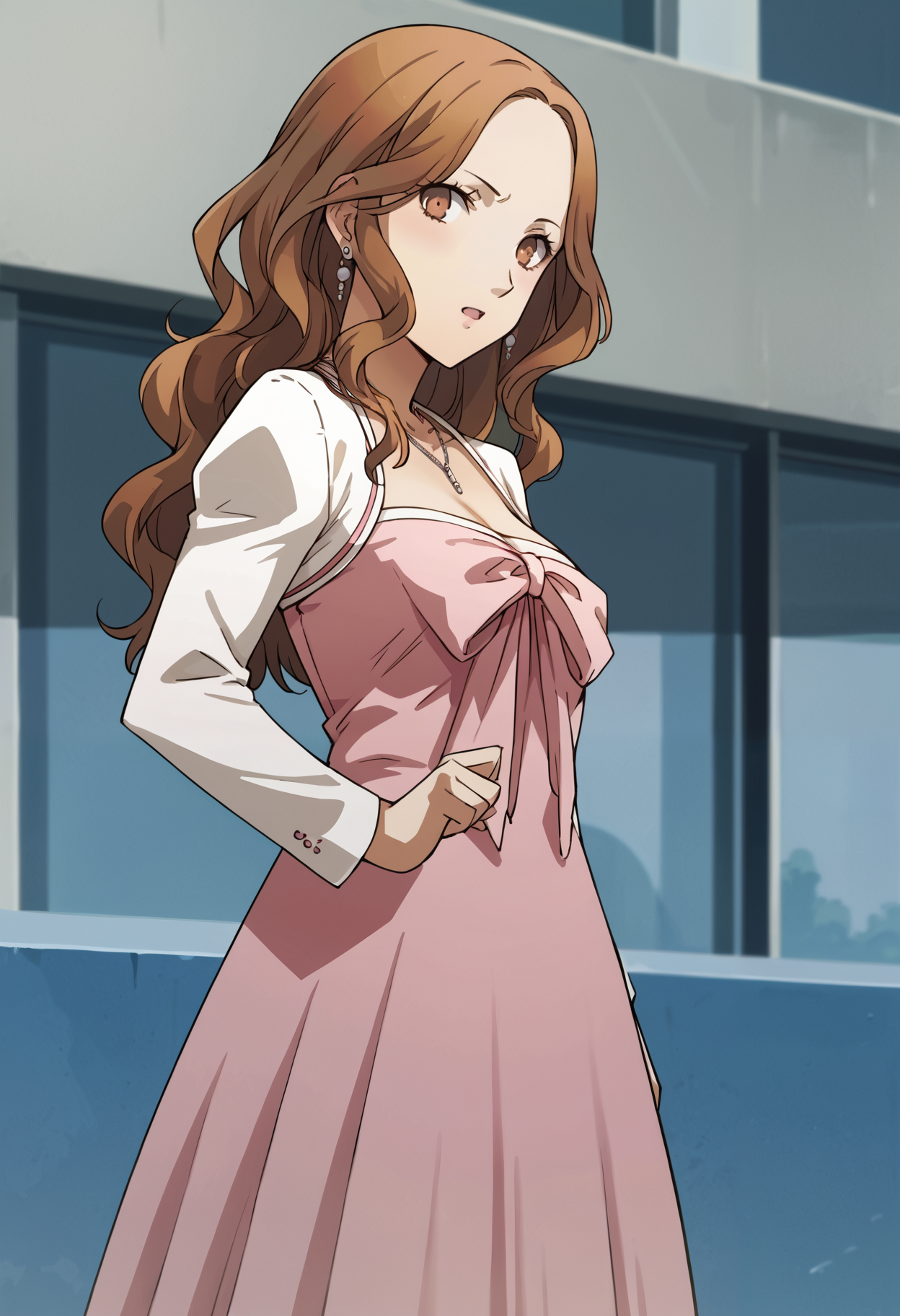 score_9, score_8_up, source_anime
1 girl, solo, cute face,
p4ebihara, brown hair, long hair, wavy hair,
p4ebihara-cas, dress, pink dress, necklace, earrings, shrug \(clothing\), shrug sweater, white pantyhose,
from side, looking, standing, looking at viewer, surprised, embarrassed,
masterpiece, best quality, ultra detailed,