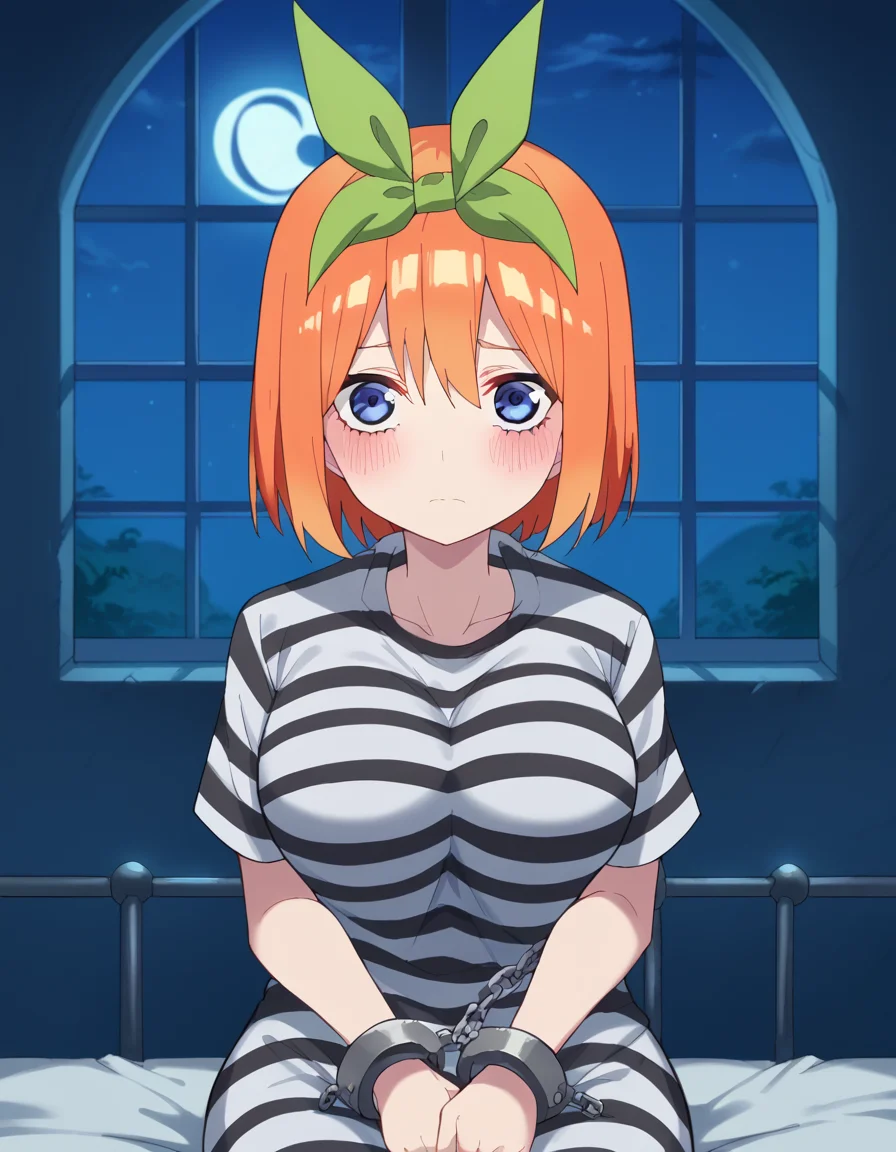 score_9, score_8_up, score_7_up, source_anime, <lora:yotsuba-nakano-s2-ponyxl-lora-nochekaiser:1>, yotsuba nakano, bangs, short hair, blue eyes, hair between eyes, hair ribbon, hairband, orange hair, green ribbon, large breasts,, <lora:prison-clothes-ponyxl-lora-nochekaiser:1> prison clothes, prisoner, prison cell, prison, striped shirt, shackles, handcuffs, chain,, sitting, on bed, looking at viewer, blush, night, moon, moonlight, night sky, window, three quarter view, cowboy shot,