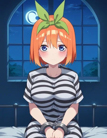 score_9, score_8_up, score_7_up, source_anime, <lora:yotsuba-nakano-s2-ponyxl-lora-nochekaiser:1>, yotsuba nakano, bangs, short hair, blue eyes, hair between eyes, hair ribbon, hairband, orange hair, green ribbon, large breasts,, <lora:prison-clothes-ponyxl-lora-nochekaiser:1> prison clothes, prisoner, prison cell, prison, striped shirt, shackles, handcuffs, chain,, sitting, on bed, looking at viewer, blush, night, moon, moonlight, night sky, window, three quarter view, cowboy shot,