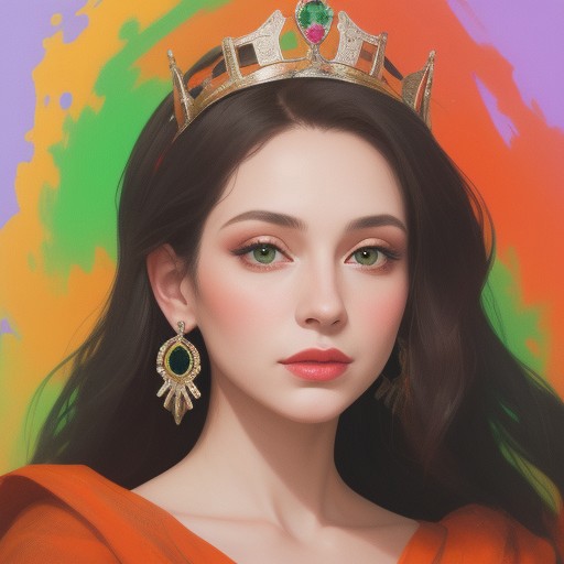 Portrait of a beautiful Queen.
Orange, red, green,  purple colors only.