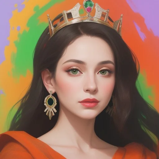Portrait of a beautiful Queen.
Orange, red, green, purple colors only.