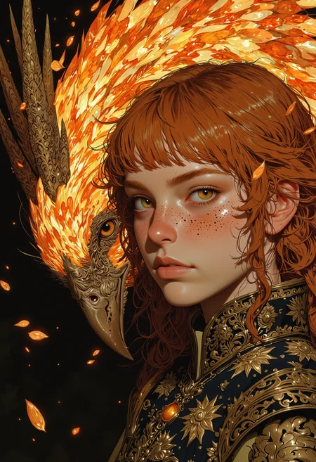 A fierce young woman with fiery red hair and golden eyes stands beside a majestic phoenix, their gazes burning with the same intensity. Her freckled skin glows in the warm light of the flames that dance around them. She wears an ornate black and gold embroidered vest adorned with intricate sunburst patterns, a matching pendant with an amber gemstone resting at her throat. Her expression is intense, determined, and regal. The phoenix, its feathers a radiant blend of molten gold and orange, presses close to her, its sharp beak and piercing eyes exuding power and wisdom. Embers float in the air, casting an ethereal glow against the dark background, as if the world itself bends to their presence.
<lora:FluxMythV2:0.6> <lora:fantastic-realism:0.6> <lora:flux.1_lora_flyway_Epic-detail_v2:0.5> <lora:Anima-Portrait-Midjourney-FLUX:0.7>