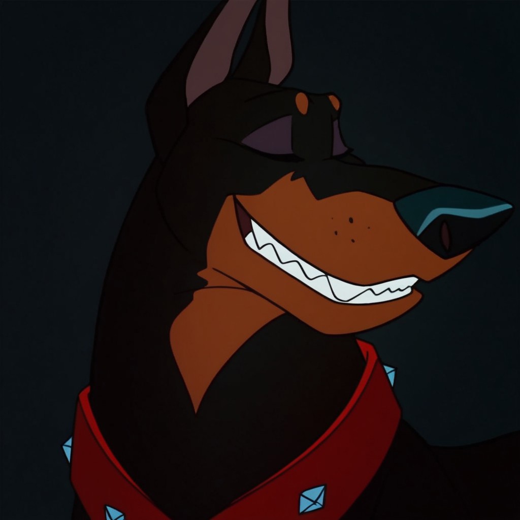 score_9, score_8_up, score_7_up, Expressiveh, masterpiece, best quality, highly detailed, realistic,  1boy, solo, (RoscoeOAC,furry, feral, canine, doberman, black nose, eyes closed, black body, black fur, brown body, brown fur, two tone body, two tone fur, small tail, red collar), upper body, close-up, (((black  background, simple background))), smile, closed mouth, front view, dutch angle, teeth