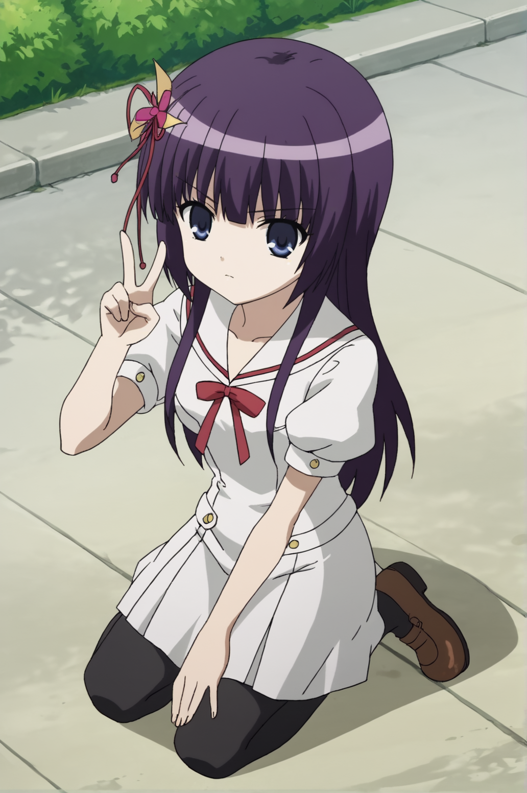 score_9, score_8_up, score_7_up,anime_source, source_anime, best background, detailed background, anime screencap,  Nemuru, Ookami school outfit, outdoors, full body, dynamic angle, expressless, v fingers, victory pose, on knees, floor, <lora:JN_ookami_kakushi:0.8>