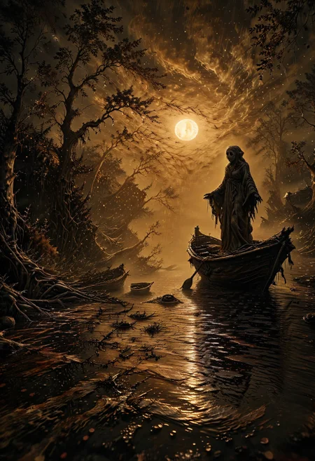 <lora:dAIversity-LoRAtest-Photoreal-XL-01:0.65>
linquivera,  Ink illustration, (anime:0.5), brown tones, aged black red paper, inkpunk, moonlight,surreal, a ghost standing on a boat in swampy wetlands, (at a distance), Will-o'-the-wisp, moonlit, lonely, solitude, windy, tall trees, willows, willowy,  OverallDetail, extremely detailed, UHD,(long exposure , dystopian but extremely beautiful:1.4),
   <lora:SketchStyle:0.8> Jedsk5tch, sketch, black and white <lora:WildcardX-XL-Detail-Enhancer:1.5> <lora:Treeroots_0_90_multi2_Handprocessed_V2:0.4> PG-TR <lora:aidmaImageUpgraderSDXL-v0.3:1> aidmaImageUpgrader