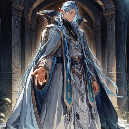 <lora:Shahel__Alchemist_Code:.7>, tagatameshahel, shahel_blue hair, shahel_blue eyes, 1boy, long hair, elf, solo, male focus, manly, bara, muscular male, cape, long dress, sash, necklace, loosen sleeve,
(very short hair), male focus, muscular male, bara, mature, (glossy skin, bara, mature, facial hair,), facial hair, bara, mature,  aixiwuganda_(20222192), very awa, masterpiece, best quality, absurdres, newest, perfect quality, detailed background, intricate details,<lora:slider_Body Type_alpha1.0_rank4_noxattn_last:1><lora:Anime Summer Days 2 Style SDXL_LoRA_Pony Diffusion V6 XL:.6> <lora:slider_cfg_scale_boost:.7><lora:Artist6p:.55>, Artist6p, Artist04p,<lora:slider_il_brightness_slider_d1:-.5><lora:slider_il_contrast_slider_d1:-.5>,<lora:slider_contract_controller_illus01_v1:.3>,<lora:slider_DarkSlider1.2_alpha1.0_rank16_full_300steps:-.3><lora:Heavenly_Beauty_r1:1>, (heavenlybeauty,)<lora:slider_style_strength_controller_illus01_v1:.25>