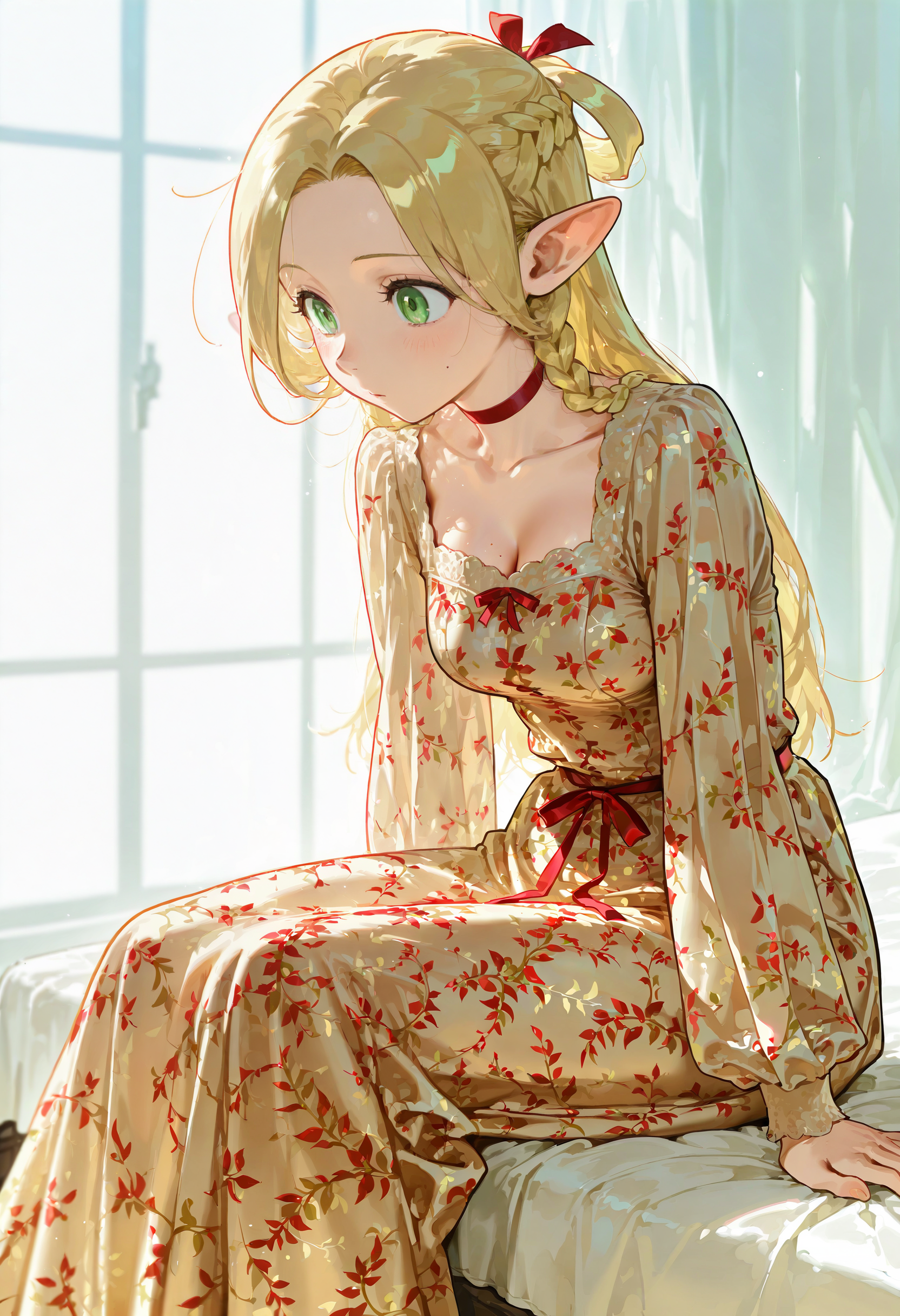 1girl, solo, dress,red ribbon,long sleeves,marcille_donato,sitting,
