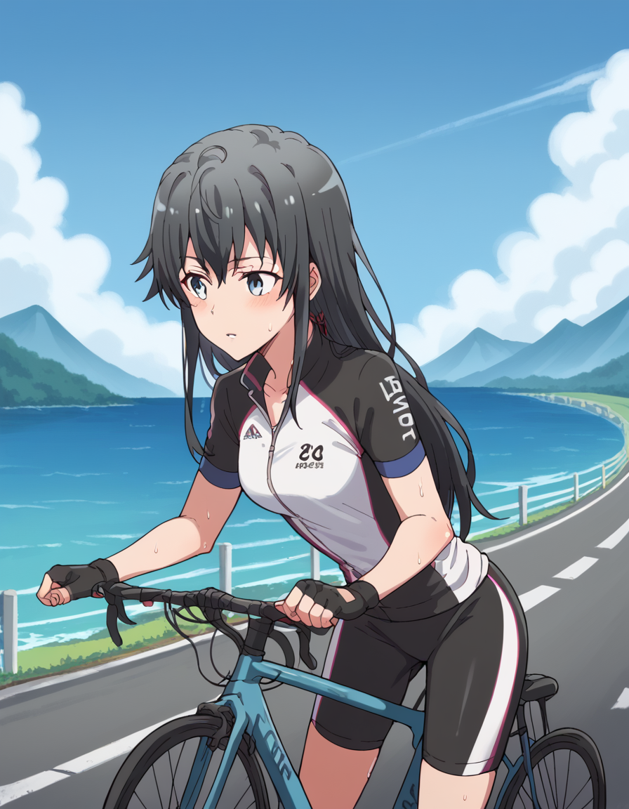 score_9, score_8_up, score_7_up, source_anime, <lora:yukino-yukinoshita-s2s3-ponyxl-lora-nochekaiser:1>, yukino yukinoshita, black hair, blue eyes, long hair,, <lora:cycling-uniform-ponyxl-lora-nochekaiser:1> cycling uniform, bicycle, bike jersey, bike shorts, biker clothes, fingerless gloves, gloves, road bicycle, short sleeves,, road, mountains, ocean, blue sky, clouds, bent over, parted lips, sweat, steam, blush, cowboy shot,