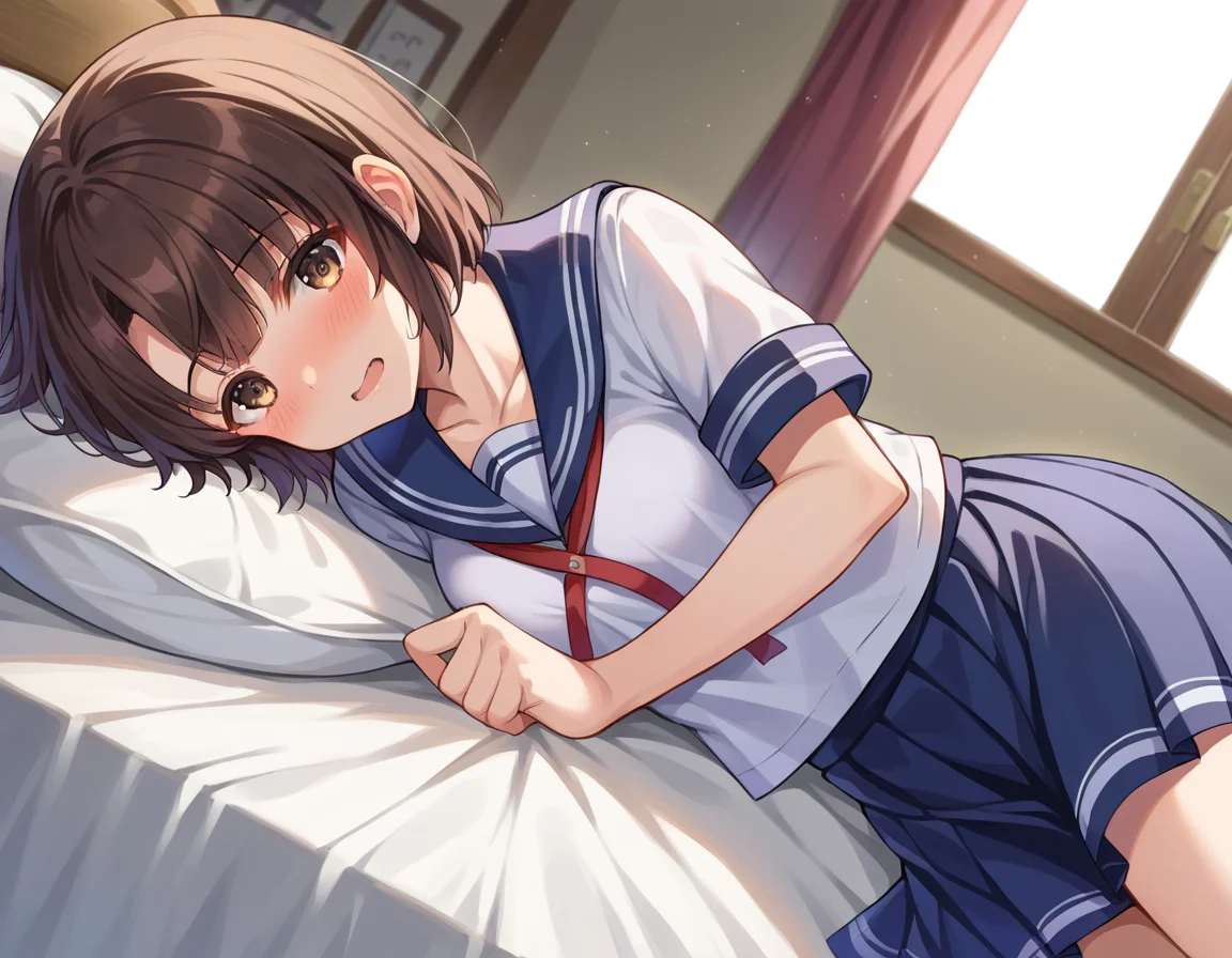score_9, score_8_up, score_7_up, source_anime,
megumikatou, <lora:megumi-katou-ponyxl-lora-nochekaiser:1>
megumi katou, brown hair, brown eyes,
short hair, miniskirt, school uniform, skirt, sailor uniform, serafuku,
indoors, bed, bed room, on side, blush, drunk,
looking at viewer, dutch angle, cowboy shot,