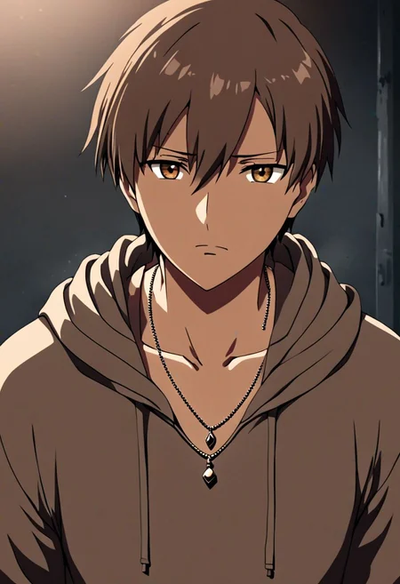 high resolution, solo, best quality, 1Boy, Takaki Toono, Brownish Hair, Brown Eyes, bangs, necklace, choker, hair between eyes, Hoodie, OverallDetail