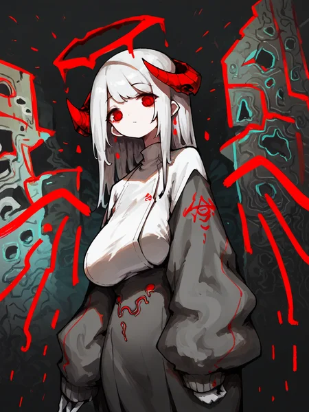 score_9, score_8_up, score_7_up, score_6_up, score_5_up, <lora:UmaiXLP:0.8> umai, spot color, abstract, red eyes, halo, 1girl, curvy, large breasts, horns