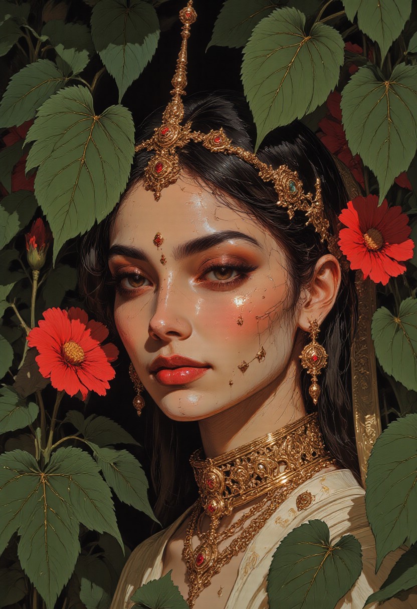 This is a highly detailed, traditional-style digital painting capturing an intimate close-up of a woman's face, adorned in opulent Indian bridal jewelry. Her warm, light brown complexion glows under soft, diffused lighting, highlighting the intricate details of her features. Her deep, kohl-lined eyes exude quiet intensity, framed by long, curled lashes and meticulously shaped brows. A radiant red bindi adorns her forehead, complementing the delicate gold maang tikka resting gracefully on her hairline. She wears an elaborate nath (nose ring) with intricate filigree work, connected by a fine gold chain to her earring. Her lips, painted a rich, deep crimson, are slightly parted, revealing a contemplative expression. Her dark, sleek hair is pulled back into a polished bun, accentuated by subtle golden shimmer dusted along her temples.  
The hyper-realistic background is an explosion of botanical richness, featuring lush **monstera deliciosa** and **calathea ornata** leaves with perfect, vibrant hues, their intricate veins and glossy surfaces reflecting the ambient light. Among them, delicate **scarlet begonia** flowers bloom in bursts of fiery red, their ruffled petals contrasting with the smooth, waxy leaves. The interplay of deep green foliage and radiant floral accents creates a mesmerizing, dreamlike setting, enveloping the woman in an aura of natural elegance. This high-resolution portrait seamlessly blends traditional aesthetics with hyper-realistic botanical elements, celebrating both cultural richness and nature’s exquisite beauty.