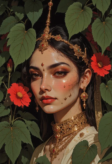 This is a highly detailed, traditional-style digital painting capturing an intimate close-up of a woman's face, adorned in opulent Indian bridal jewelry. Her warm, light brown complexion glows under soft, diffused lighting, highlighting the intricate details of her features. Her deep, kohl-lined eyes exude quiet intensity, framed by long, curled lashes and meticulously shaped brows. A radiant red bindi adorns her forehead, complementing the delicate gold maang tikka resting gracefully on her hairline. She wears an elaborate nath (nose ring) with intricate filigree work, connected by a fine gold chain to her earring. Her lips, painted a rich, deep crimson, are slightly parted, revealing a contemplative expression. Her dark, sleek hair is pulled back into a polished bun, accentuated by subtle golden shimmer dusted along her temples.
The hyper-realistic background is an explosion of botanical richness, featuring lush **monstera deliciosa** and **calathea ornata** leaves with perfect, vibrant hues, their intricate veins and glossy surfaces reflecting the ambient light. Among them, delicate **scarlet begonia** flowers bloom in bursts of fiery red, their ruffled petals contrasting with the smooth, waxy leaves. The interplay of deep green foliage and radiant floral accents creates a mesmerizing, dreamlike setting, enveloping the woman in an aura of natural elegance. This high-resolution portrait seamlessly blends traditional aesthetics with hyper-realistic botanical elements, celebrating both cultural richness and nature’s exquisite beauty.