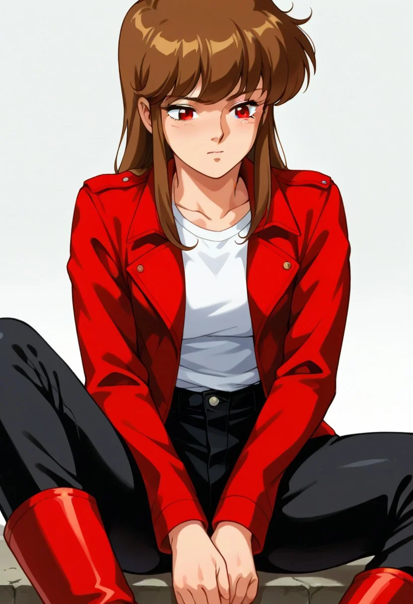 score_9, score_8_up, score_7_up, source_anime, Expressiveh, FastNegativeV2, easynegative, medium breast, medium chest, solo, 1girl,
Brown hair, red eyes, long hair, 1980s (style),
simple background
white shirt, red jacket, black pants, red boots, sitting, spread legs,