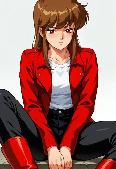 score_9, score_8_up, score_7_up, source_anime, Expressiveh, FastNegativeV2, easynegative, medium breast, medium chest, solo, 1girl, 
Brown hair, red eyes, long hair, 1980s (style),
simple background
 white shirt, red jacket, black pants, red boots, sitting, spread legs,