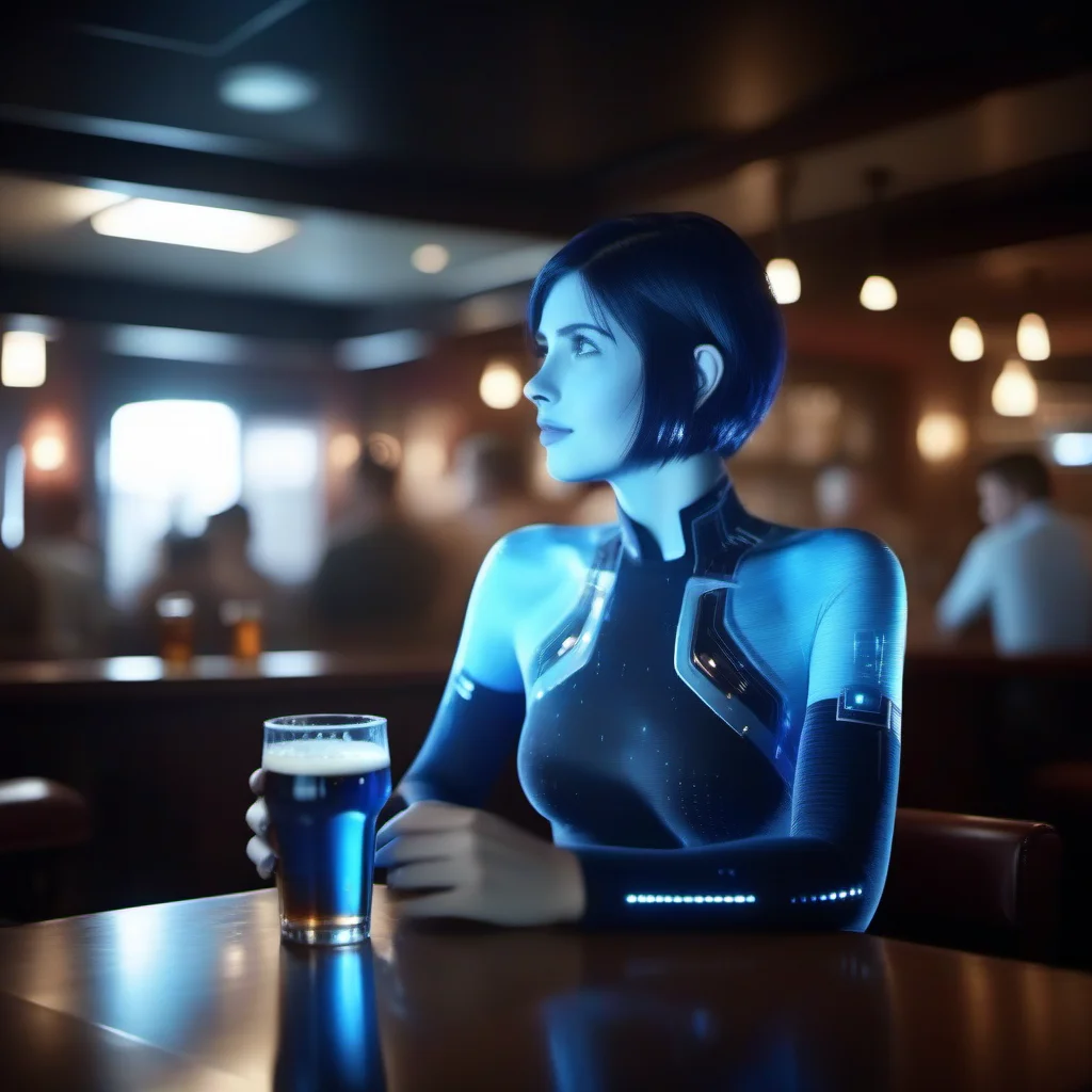 cinematic photo 1girl, short hair, blue skin, science fiction, transparent hologram, having a beer in a pub <lora:Cortana1024:0.8> . 35mm photograph, film, bokeh, professional, 4k, highly detailed
