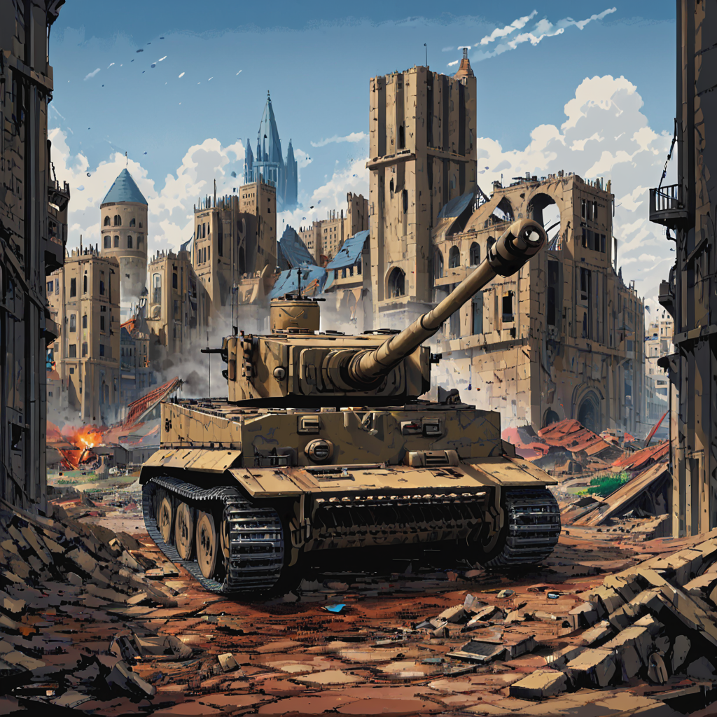 A tgrtnk  tank moves cautiously through the rubble of a bombed-out French town during the Normandy invasion. Buildings reduced to ruins flank the tank, with the shattered cathedral of Caen in the background, showcasing the destructive power of armored warfare in urban settings  ((pulp_comic, heavy_lines, hand_drawn, hand_inked, hand_colored, perfect_face, apxlz))