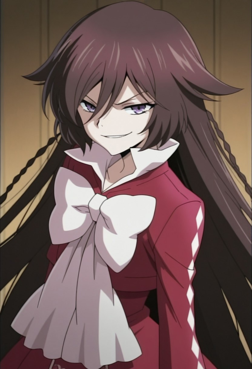 masterpiece,best quality,amazing quality, source_anime, 
PHalic, 1girl, solo, purple eyes, brown hair, very long hair, braid, dress, red dress, bow, white bow, smirk
