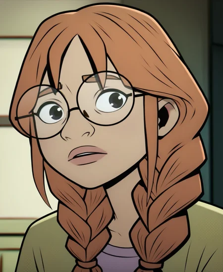zPDXL3, <lora:PSA_Amie:1> 1girl, long hair, glasses, braid, brown hair, round eyewear, black eyes